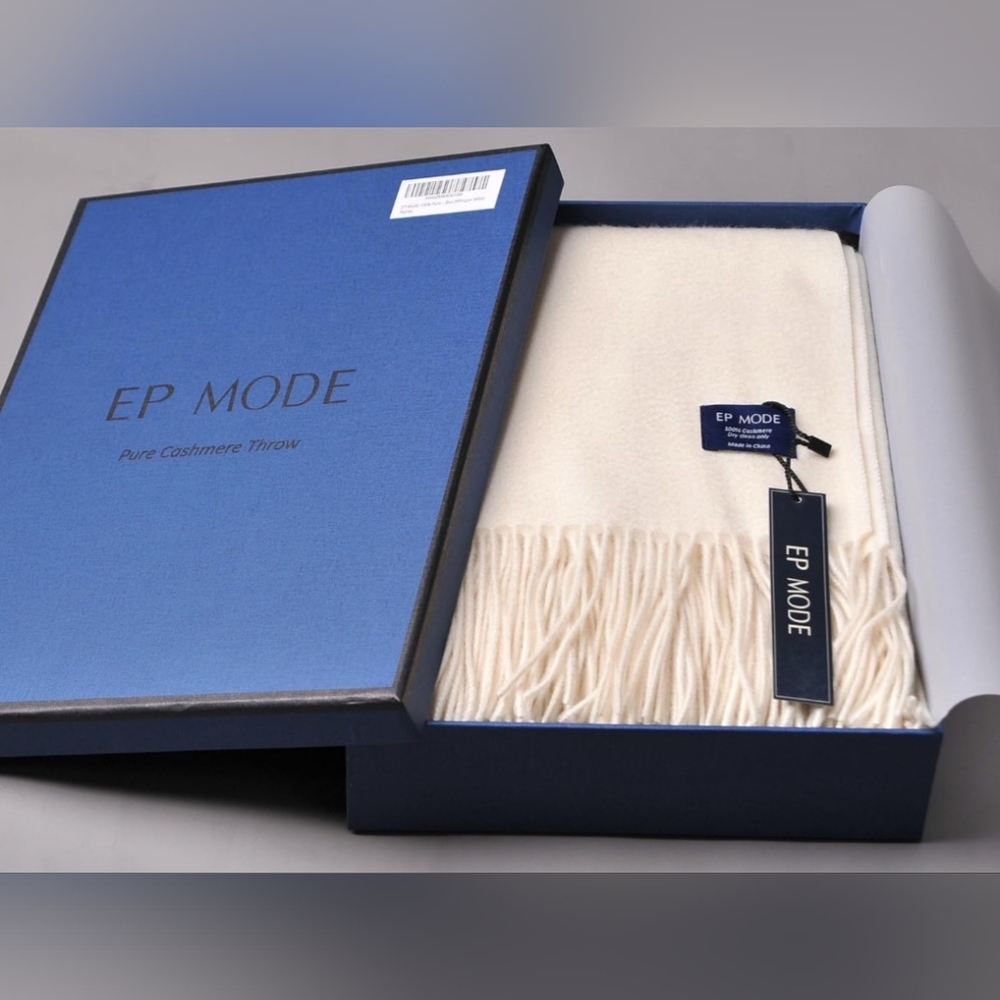 EP Mode 100% Pure Cashmere Throw Blanket Whisper White With Gift Box